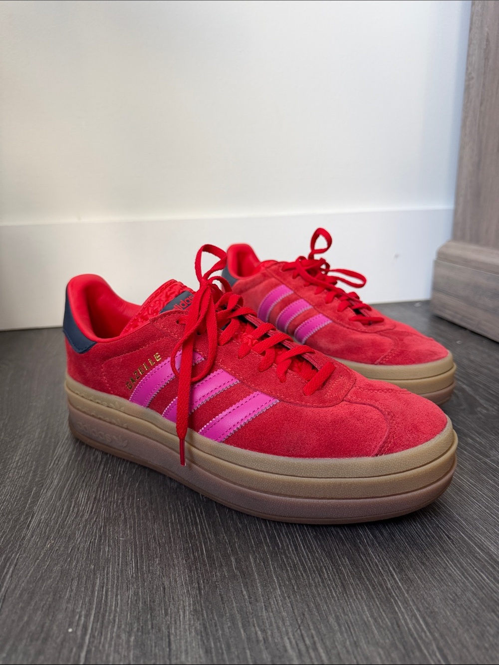 adidas Red Suede Platform Sneakers with Pink Stripes
